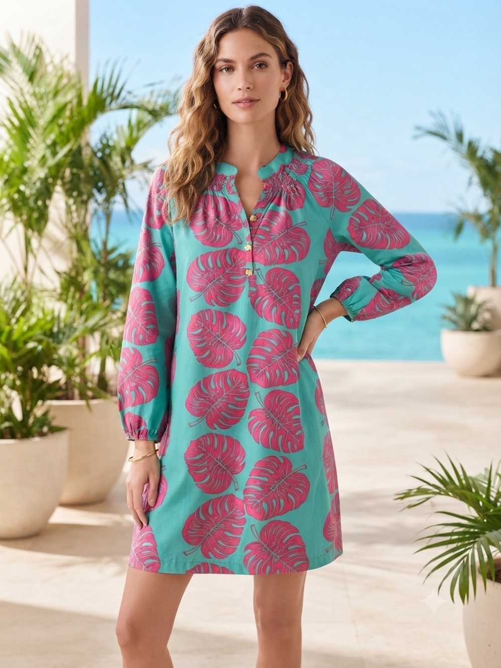 Tracy Negoshian Monstera Leaf Tunic Dress Womens Small S Pink Aqua Tropical